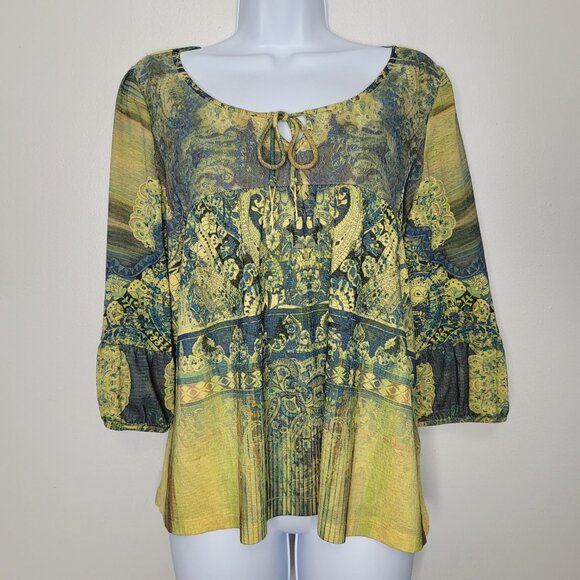 Live and Let Live yellow blue grunge boho art to wear 3/4 sleeve top size large - Picture 1 of 7